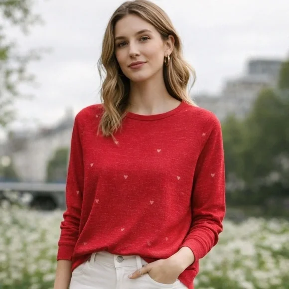 Buffalo David Bitton Heart Print Sweatshirt M Red Lightweight Knit Pullover - Picture 1 of 11